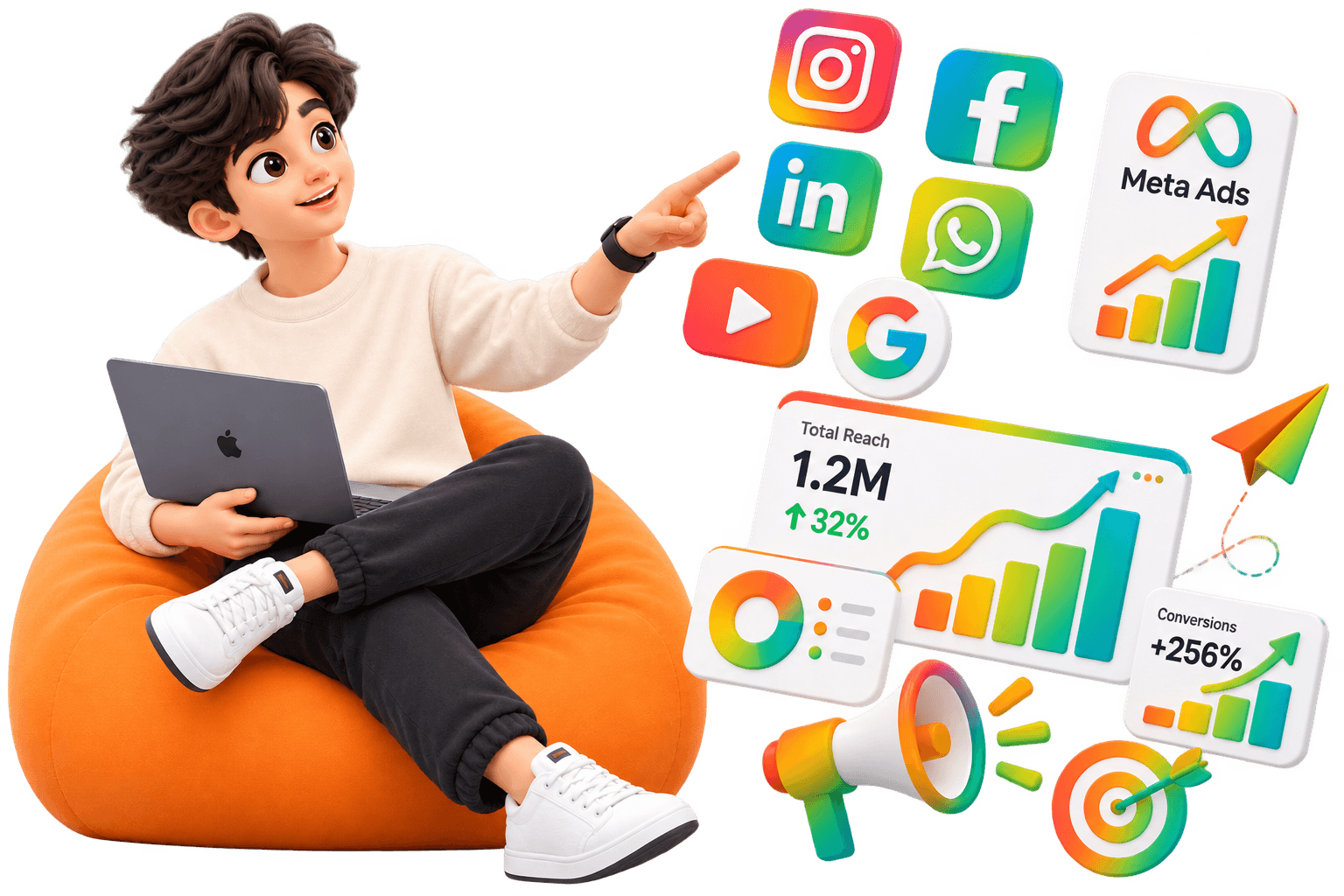 Illustration of a creator surrounded by social platform and campaign performance graphics